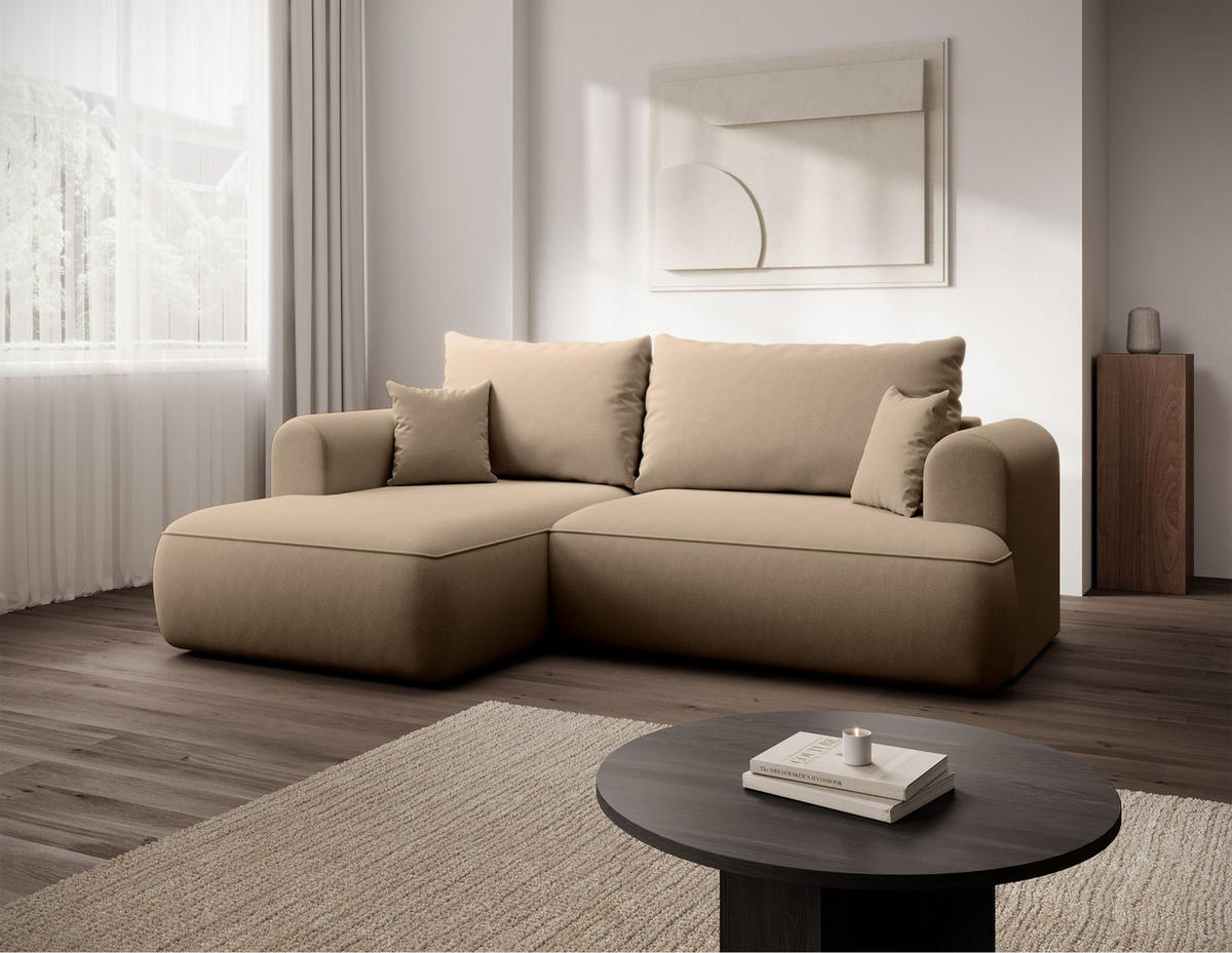 ECKSCHLAFSOFA Ovo Mini Beige Easy-Clean-Samtbezug - Beige/Schwarz, Kunststoff/Textil (238/156cm) - Selsey