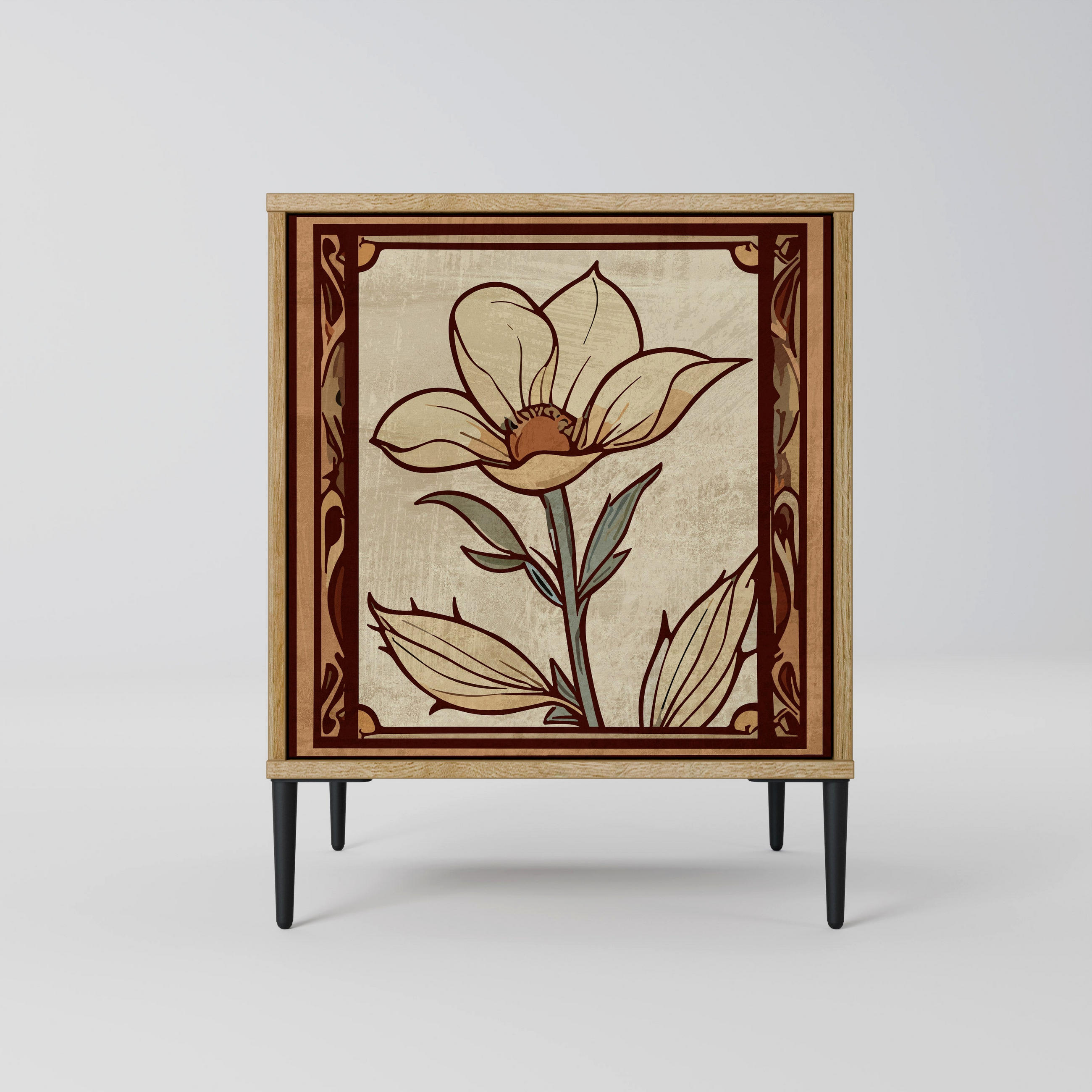 SIDEBOARD TIMELESS FLORA, Eichefarben, 57,5x42x72,5 cm, Schwarze Metallfüße - Eichefarben/Multicolor, Holzwerkstoff/Metall (57.5/72.5/42cm) - SpaceRebels