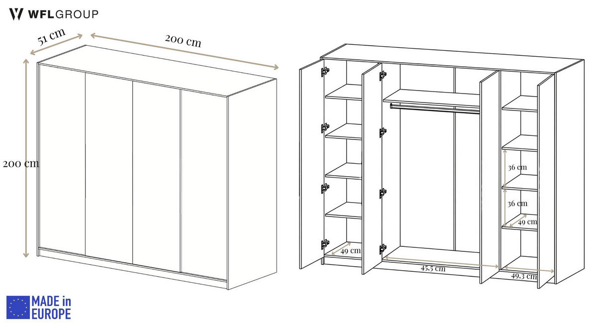 KLEIDERSCHRANK Mono Grifflos im Skandi-Stil, Schwarz 200/200/51 cm - Schwarz, Holzwerkstoff (200/200/51cm) - WFL GROUP