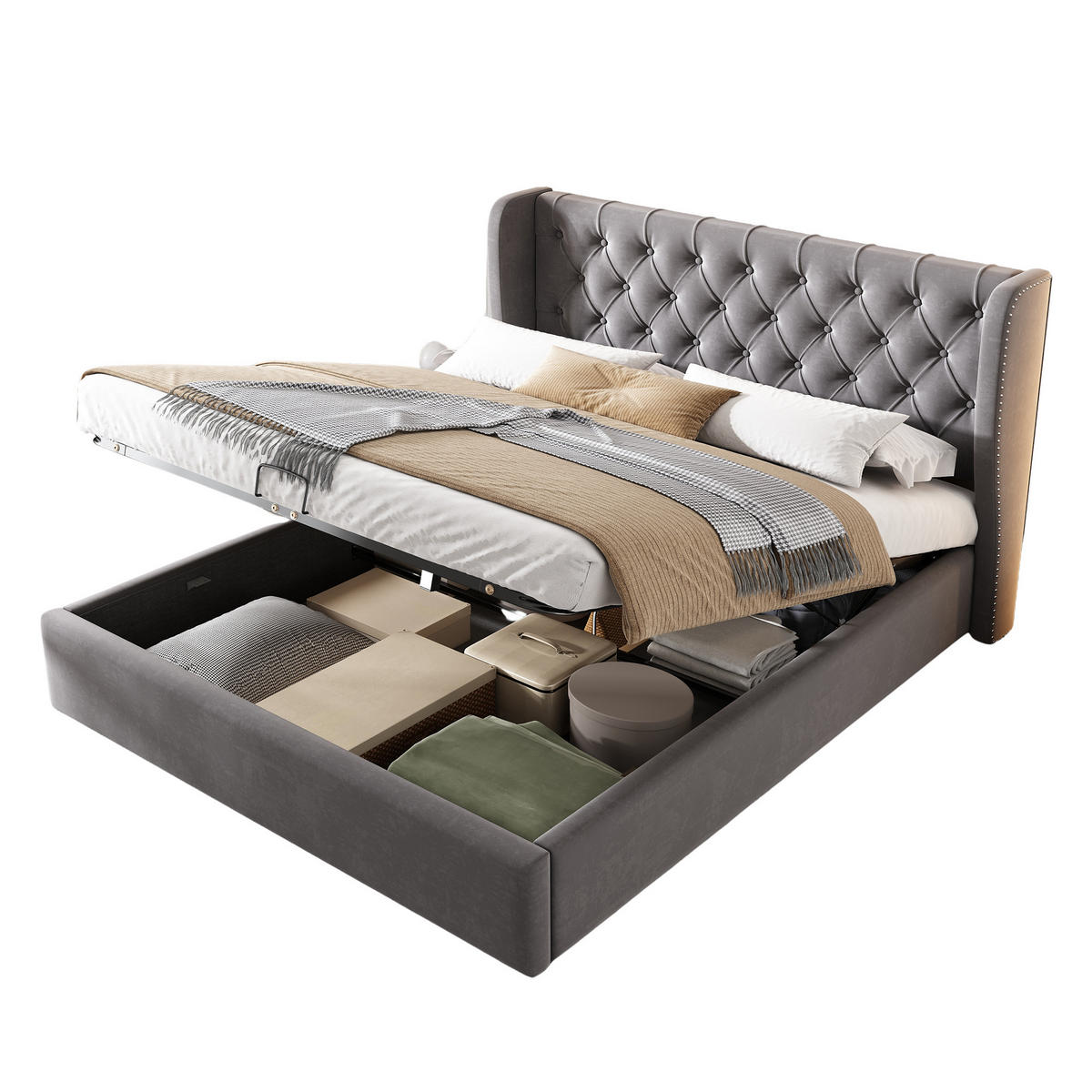 POLSTERBETT 140/200 cm Grau mit hydraulischem Bettkasten und Lattenrost - Grau, Textil (140/200cm) - OKWISH