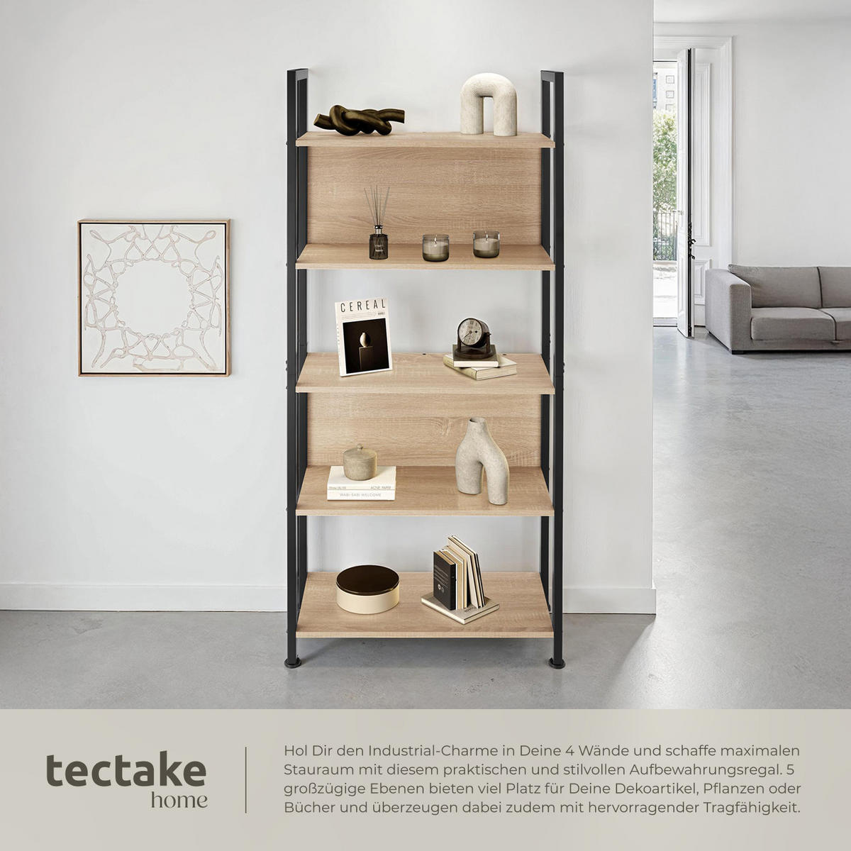 REGAL Westport,inklusive Kippschutz, 62 x 24 x 165,5 cm,Industrial Holz hell, Eiche Sonoma - Naturfarben, Holzwerkstoff (24/165.5/62cm) - tectake