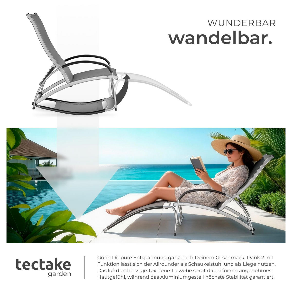 SONNENLIEGE 2er Set Avignon, 2in1 Schaukelstuhl, verstellbare Rückenlehne, 62 x 195 x 91 cm, anthrazit - Anthrazit, Metall (62/91/195cm) - tectake