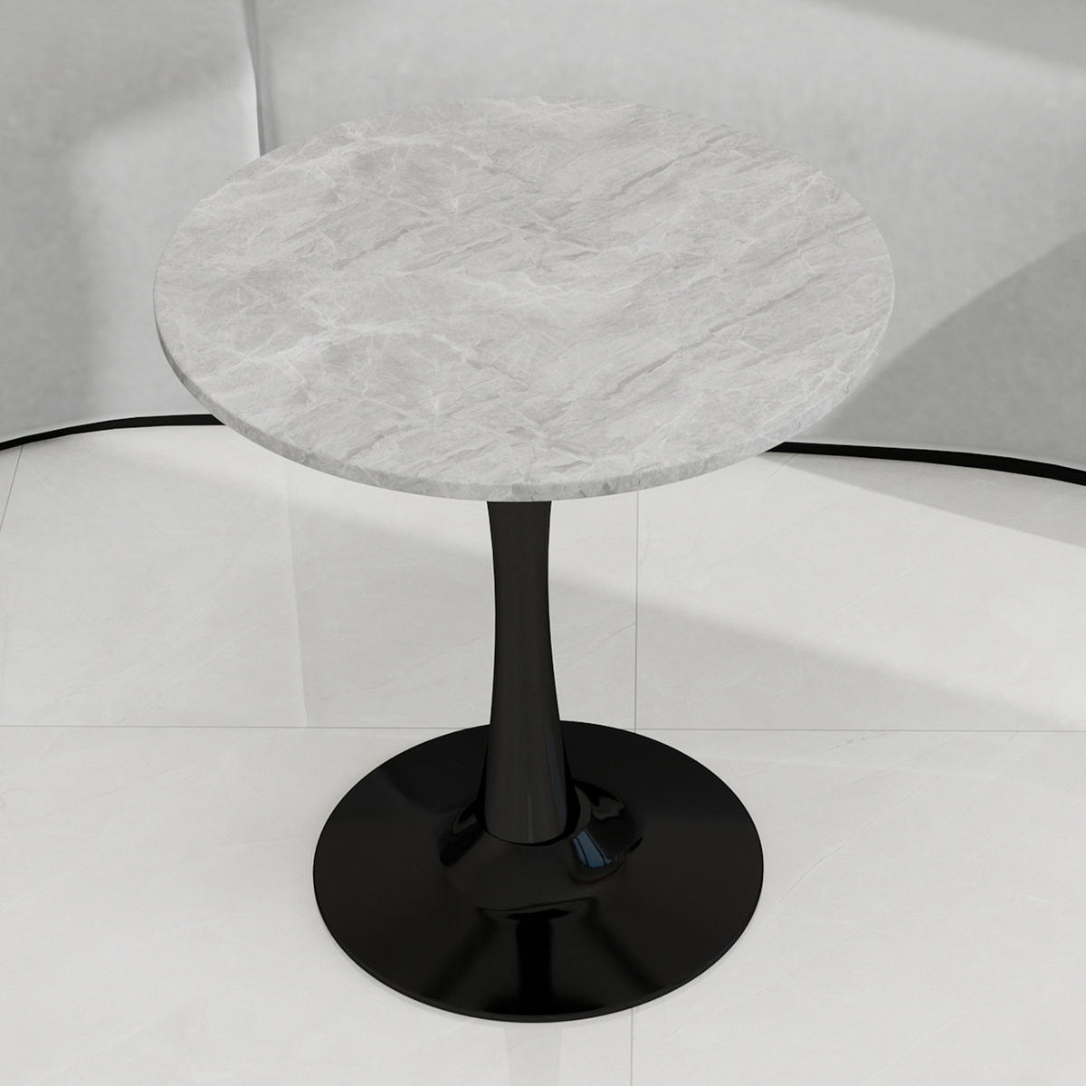 COUCHTISCH 70/70/72 cm mit runder Tischplatte in Marmoroptik und filigranem Design, Schwarz/Grau - Grau, Stein (70/70/72cm) - Redom
