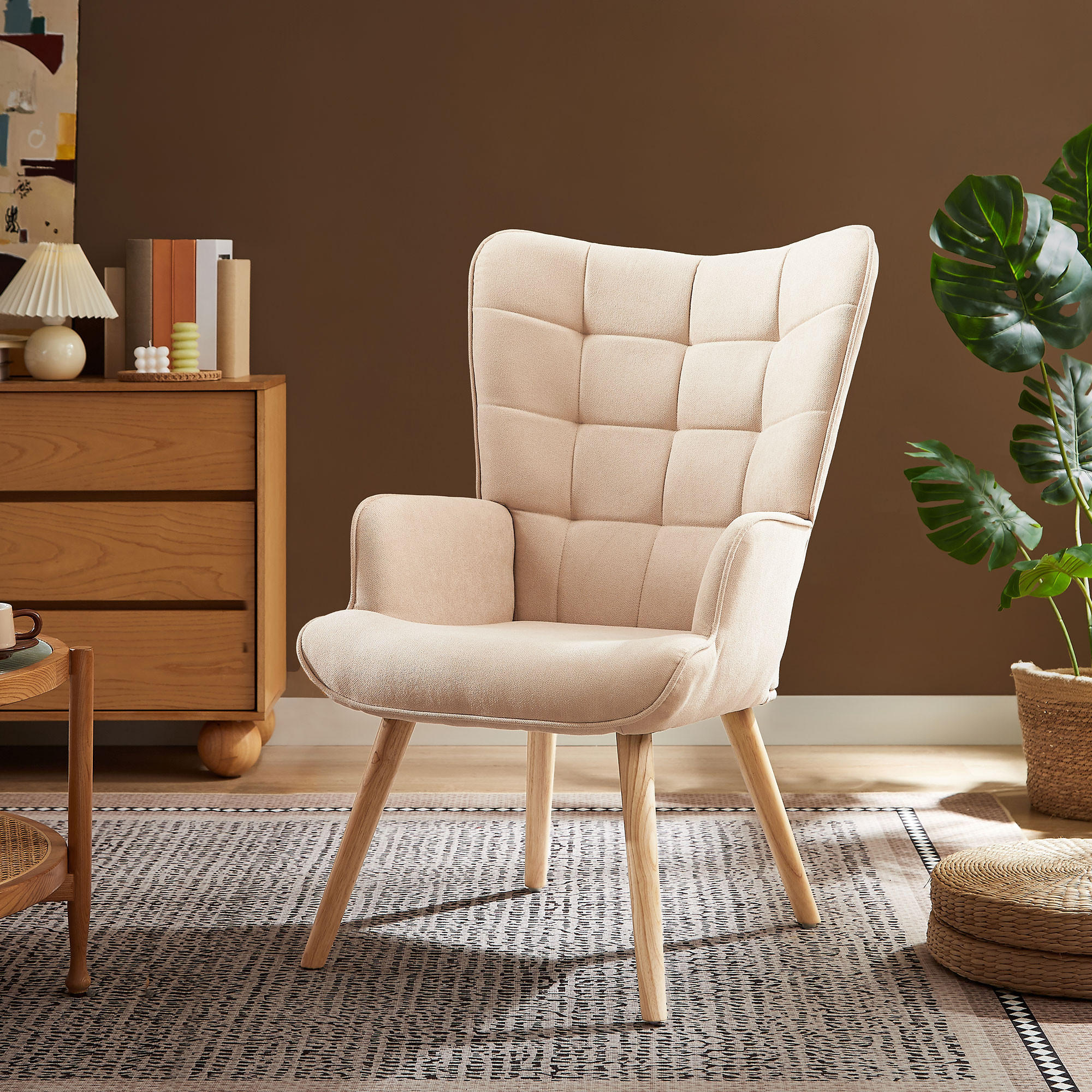 SESSEL Stella Skandinavischer aus beigem Stoff mit Nähten - Beige/Creme, Holz/Holzwerkstoff (67/102/73.5cm) - Sicaan