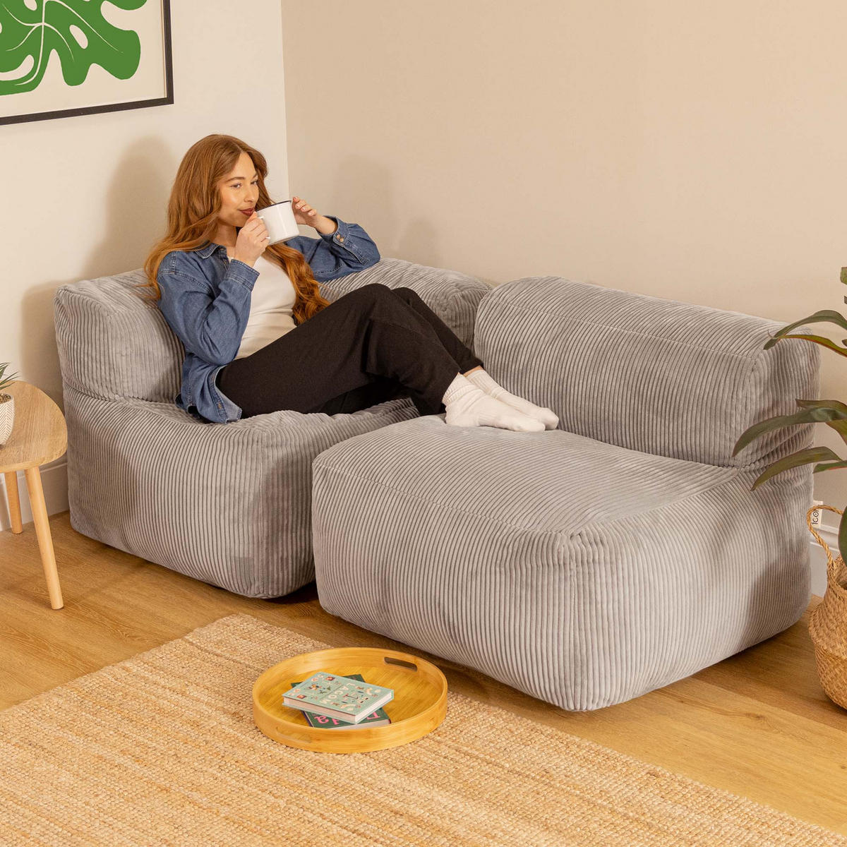 SITZSACK-SOFA 2-tlg.: Ecksessel, Sessel - Grau, Textil (195/68/100cm) - icon