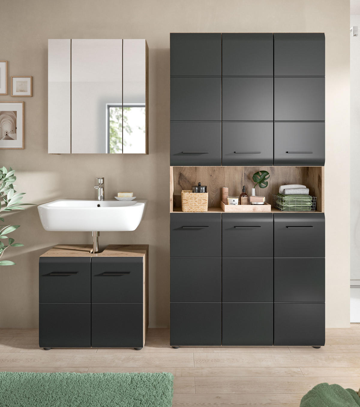 BADMÖBEL-SET schwarz matt, Nox Eiche 3-teilig, Komplettset mit viel Stauraum - Eichefarben/Schwarz, Glas/Holzwerkstoff (165/185/30cm) - Inn.Furn