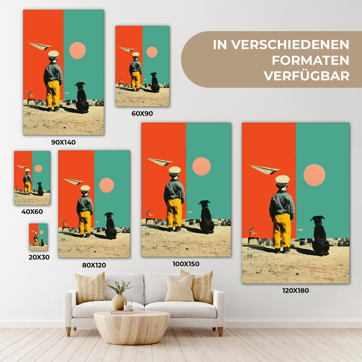 LEINWANDBILD Retro - Junge - Hund - Rot - Grün Deko Groß 90x140 cm - Orange, Textil (90/140cm) - MuchoWow