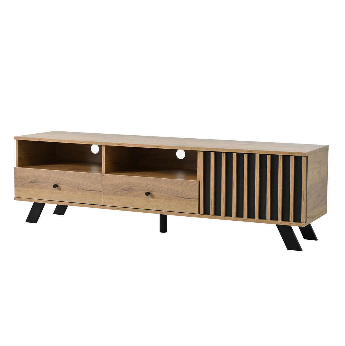TV-SCHRANK aus Spanplatte 150x38x44 cm Naturholzfarbe/Schwarz mit 2 Schubladen, 1 Schrank und halboffenen Fächern - Naturfarben, Holzwerkstoff (150/44/38cm) - Modfu