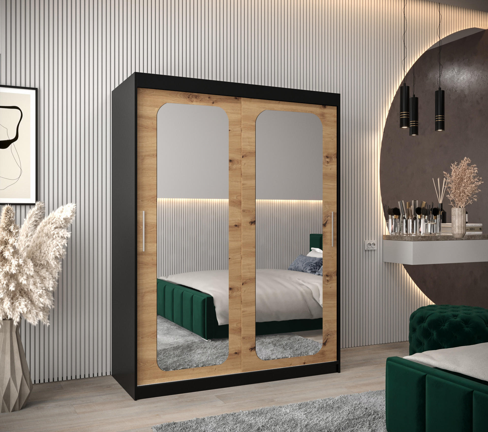 SCHWEBETÜRENSCHRANK 200/150/62 2-türig - Silberfarben/Schwarz, Holz/Kunststoff (150/200/62cm) - Abiks Möbel