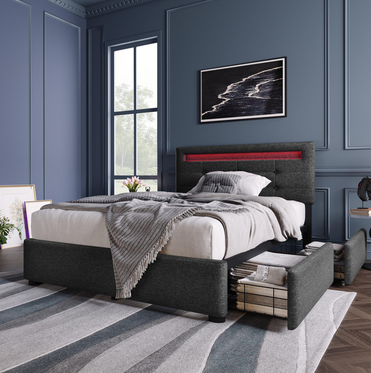 POLSTERBETT 90/200 cm Grau mit LED-Beleuchtung, 2 Schubladen und Matratze - Grau, Textil (90/200cm) - Flora Grace