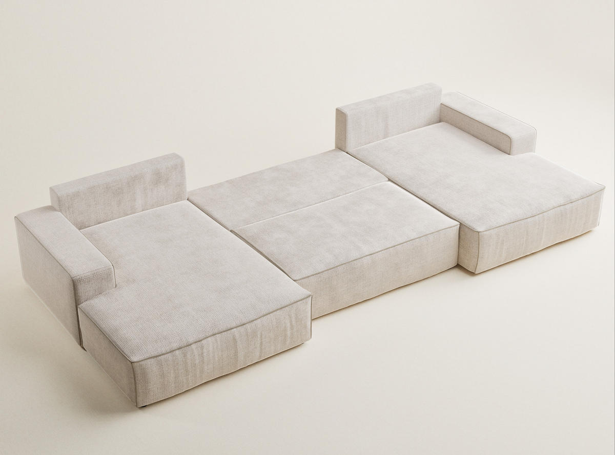 WOHNLANDSCHAFT Deseo Creme-Beige Chenille-Stoff - Beige/Creme, Holz/Holzwerkstoff (398/70/148cm) - Maison de Reve