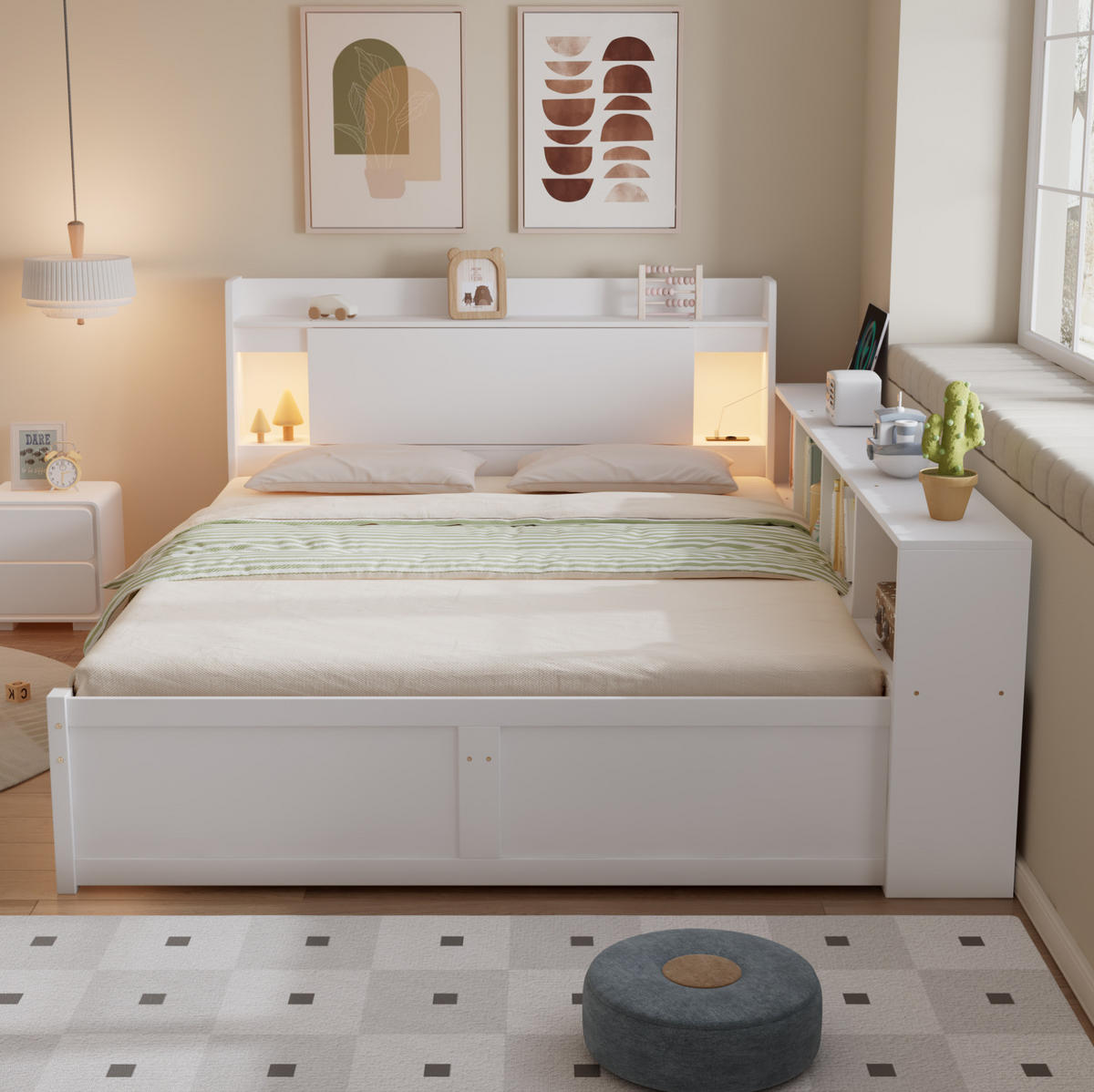 MANŽELSKÁ posteľ 140/200 cm biela s úložným čelom, osvetlením a nabíjacou zásuvkou z masívu a MDF - biela, drevo (140/200cm) - OKWISH