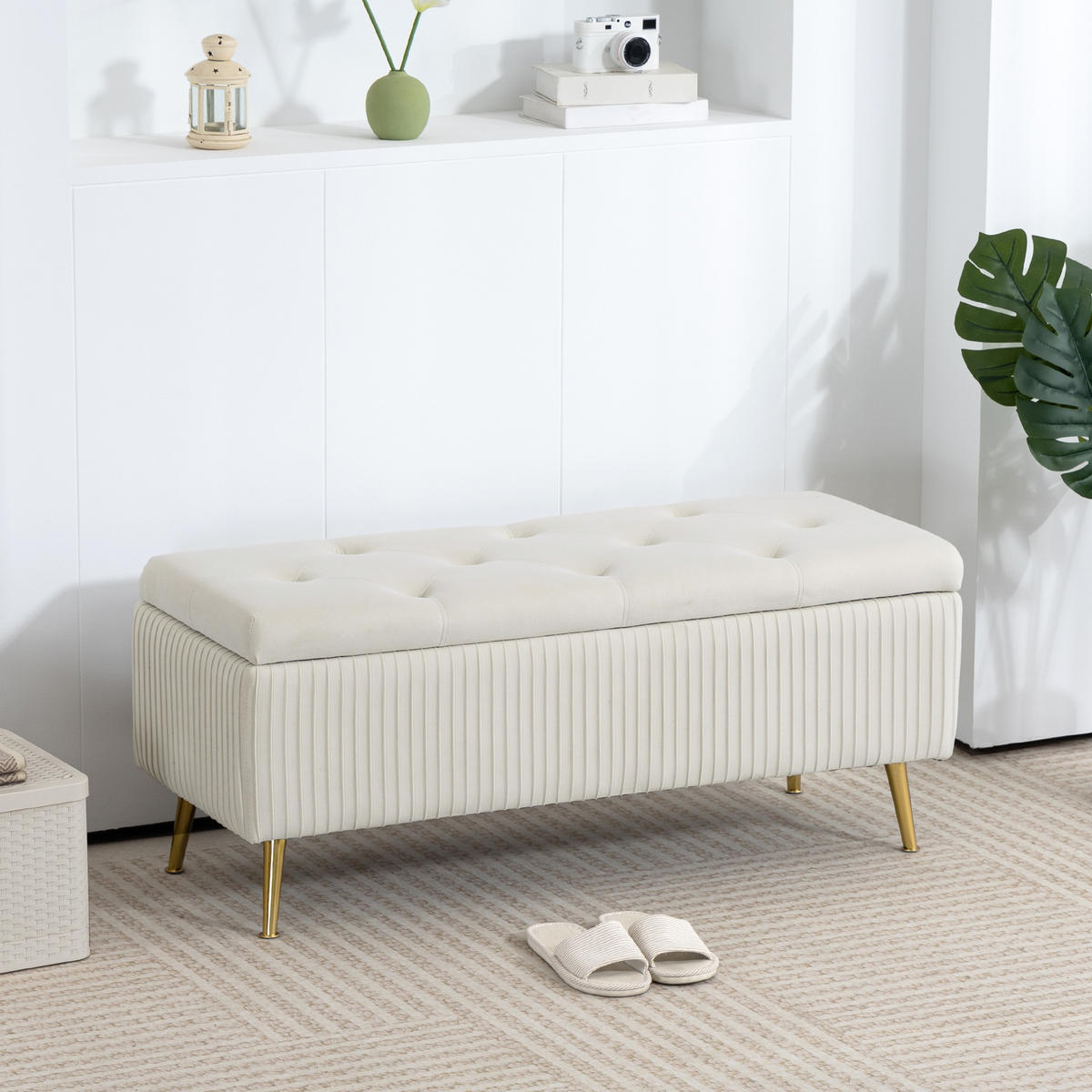 SITZTRUHE Mehrschichtholz Schaumstoff Samt Eisen Cremeweiß - Goldfarben/Creme, Textil/Metall (44.5/46/110cm) - HOMCOM