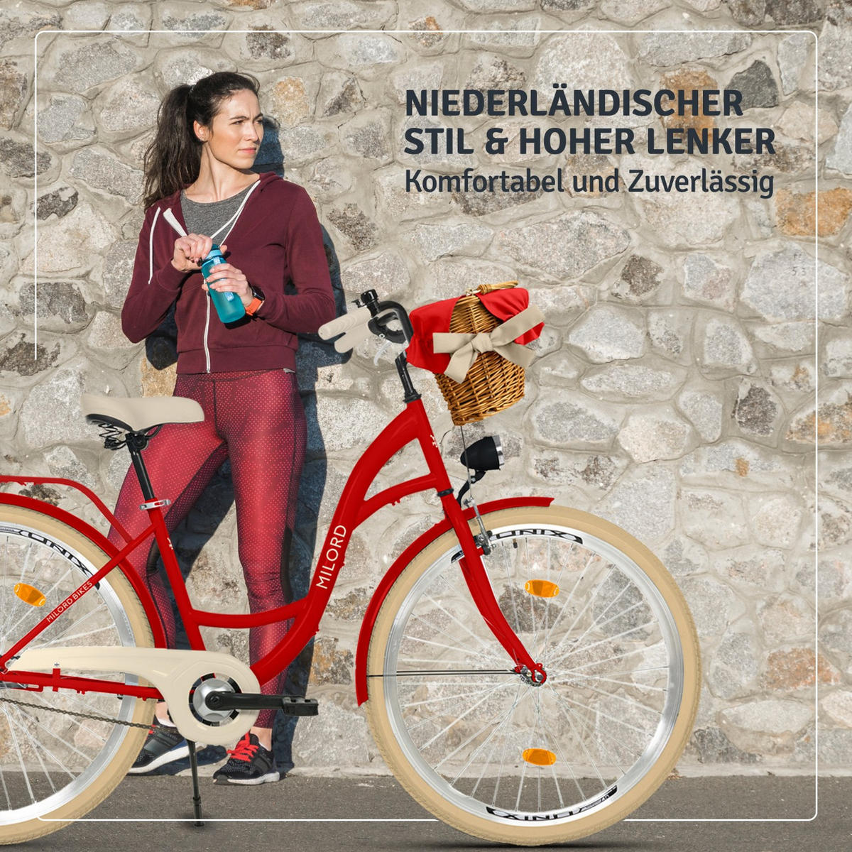 CITY-FAHRRAD Milord mit Weidenkorb, 28 Zoll, Rot, 1-Gang - Rot, Metall (46cm) - Milordbikes