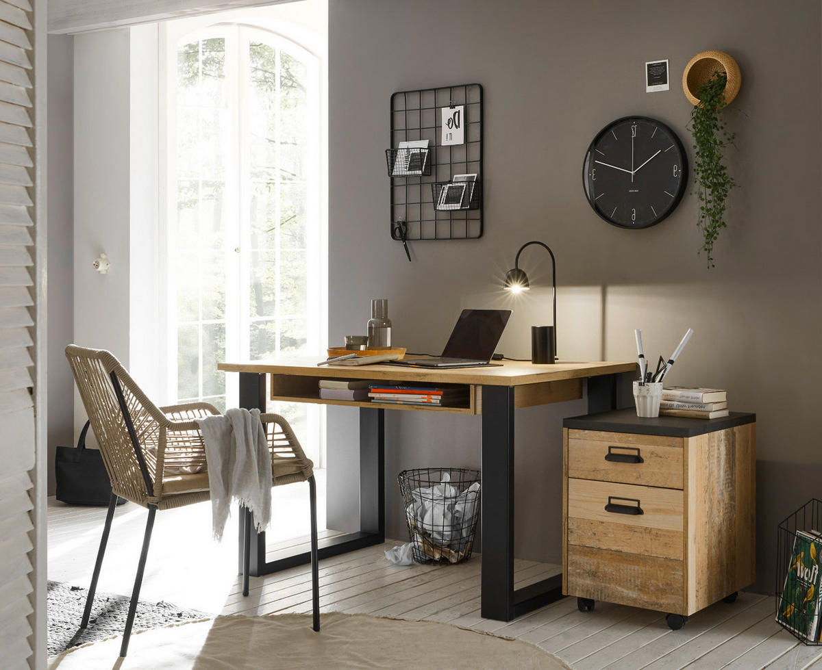 SCHREIBTISCH-SET mit Rollcontainer, Used Wood hell, anthrazit - Eichefarben/Anthrazit, Holzwerkstoff/Metall (60/165/76cm) - Furn.Design