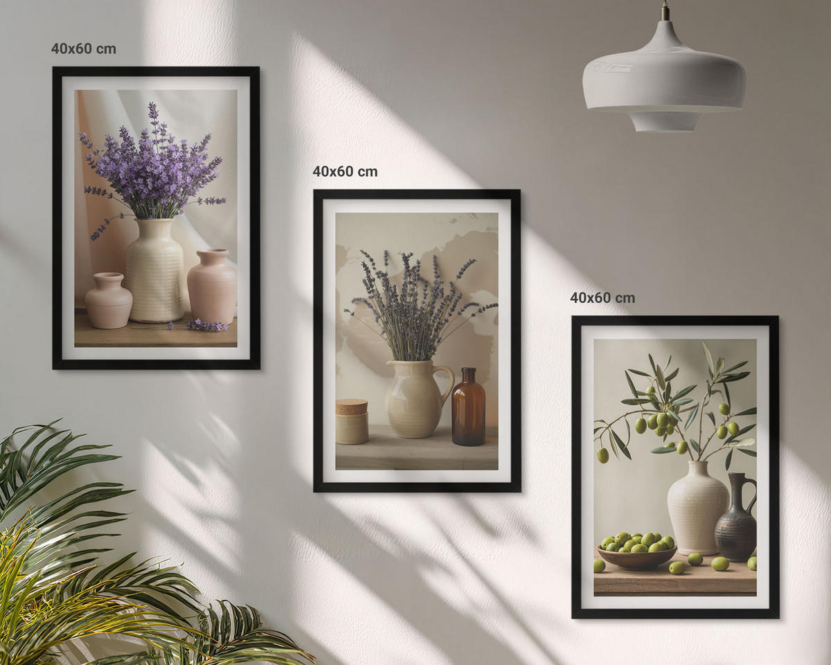 WANDBILDER 3er-Set - 40x60 cm Schwarzer Rahmen - Lavendelblüten, Oliven, Gefäße - Schwarz, Kunststoff (40/60cm) - ArtPrintCave
