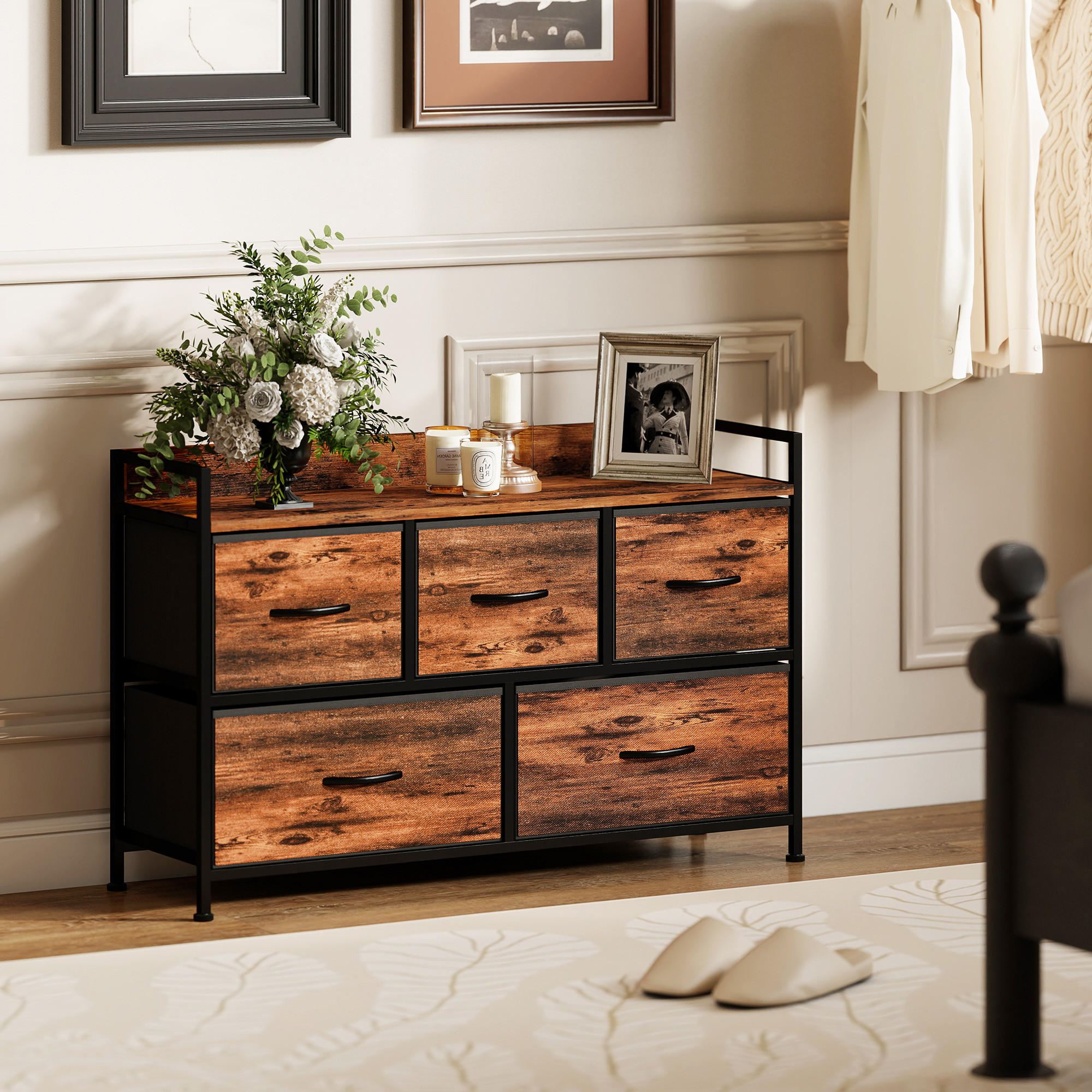 KOMMODE mit 5 Schubladen aus Stoff Kommodenschrank mit Stahlgestell Braun - Braun, Textil (29/63/98cm) - HOMCOM