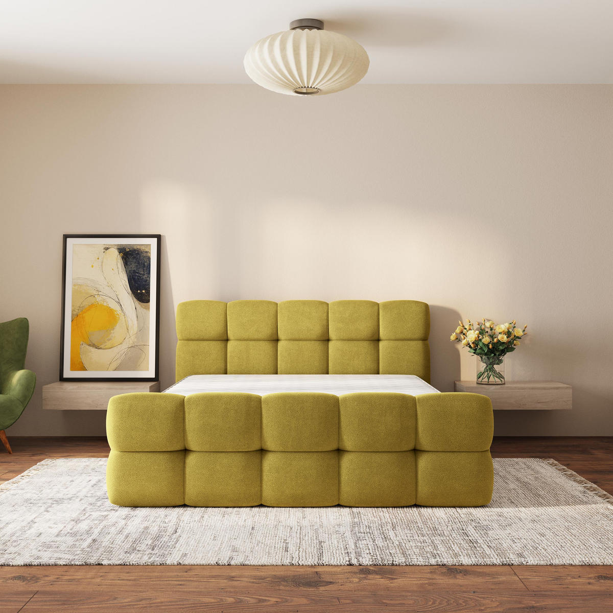 ČALOUNĚNÁ POSTEL ELIZJA 120x200 cm, s úložným prostorem, Žlutá - SORO 40 - žlutá, dřevo/textil (120/200cm) - MASSENO