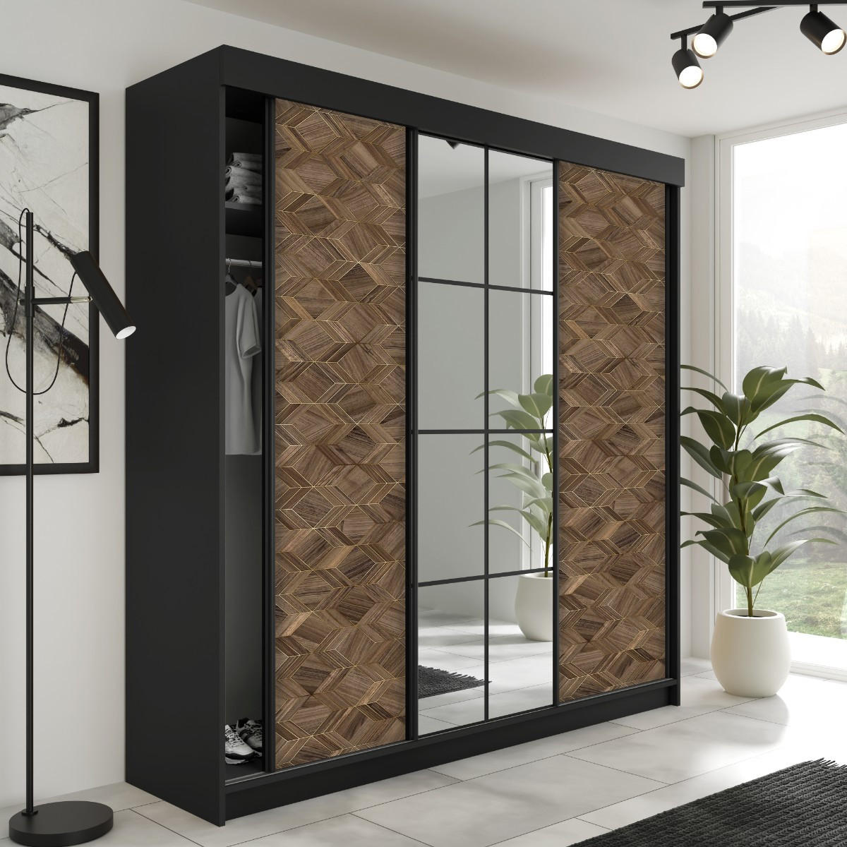 ŠATNÍ SKŘÍŇ s posuvnými dveřmi LAMARO - 250x205x59cm - Černá & Art Deco - tmavě hnědá/černá, kompozitní dřevo (250/205/59cm) - Kier Furniture