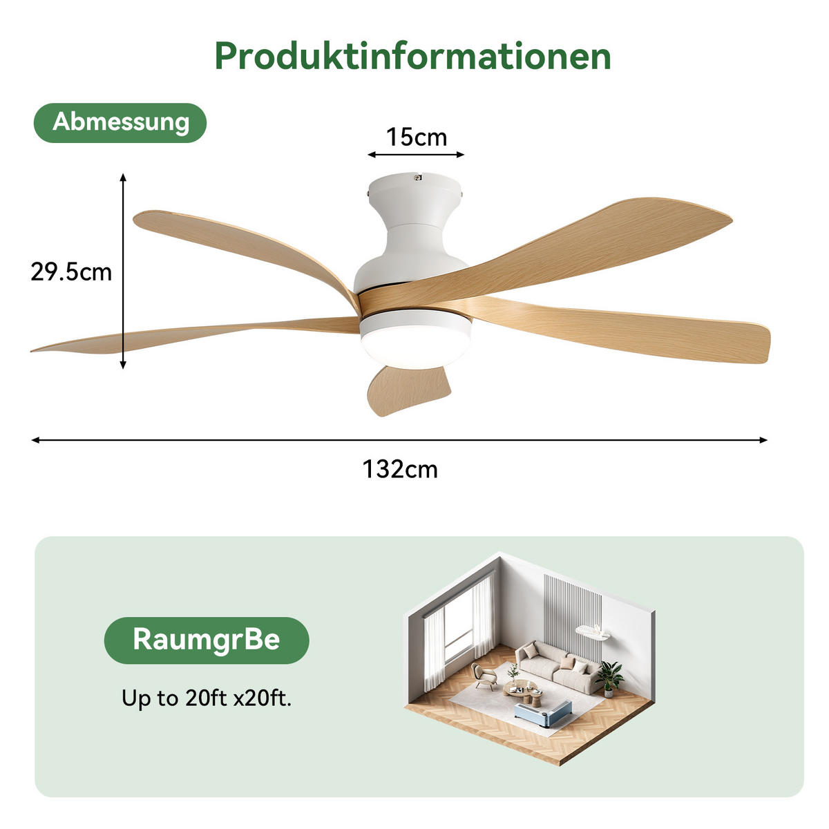 DECKENVENTILATOR 132cm Direktmontage LED Licht 5 Flügel DC Motor - Weiß, Kunststoff (132/132/30.5cm) - CASIVA