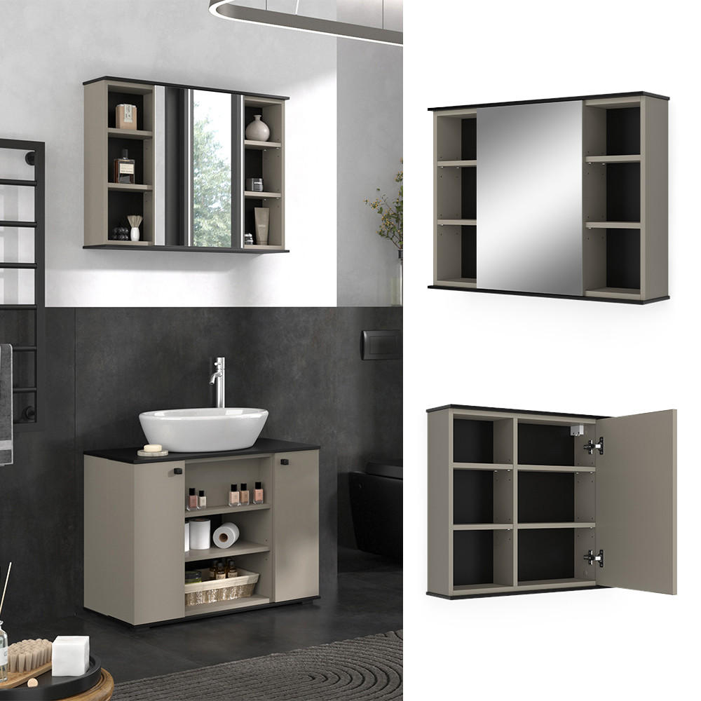 BADSPIEGELSCHRANK Joli Greige 80 x 60 cm mit Spiegel - Greige/Schwarz, Holzwerkstoff (80/60/17.4cm) - Vicco