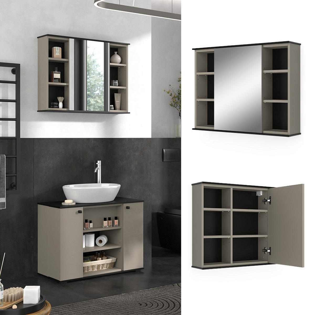 BADSPIEGELSCHRANK Joli Greige 80 x 60 cm mit Spiegel - Greige/Schwarz, Holzwerkstoff (80/60/17.4cm) - Vicco