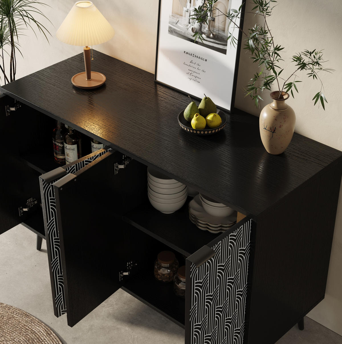 SIDEBOARD 120/35/78 cm, schwarz-weißes Geometriemuster, verstellbare Einlegeböden, Schwarz - Schwarz, Holzwerkstoff (120/78/35cm) - Redom