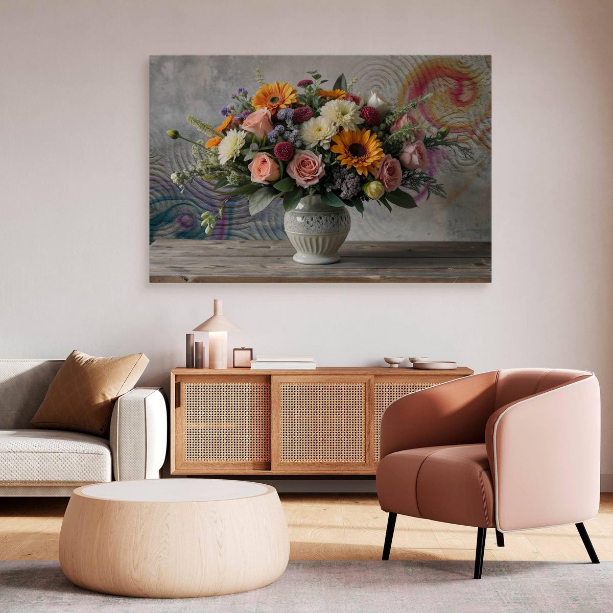 LEINWANDBILD für Wohnzimmer Blumenstrauß in Vase Ornamenten 70cm x 50cm - Blau/Beige, Textil (70/50cm) - Muralo