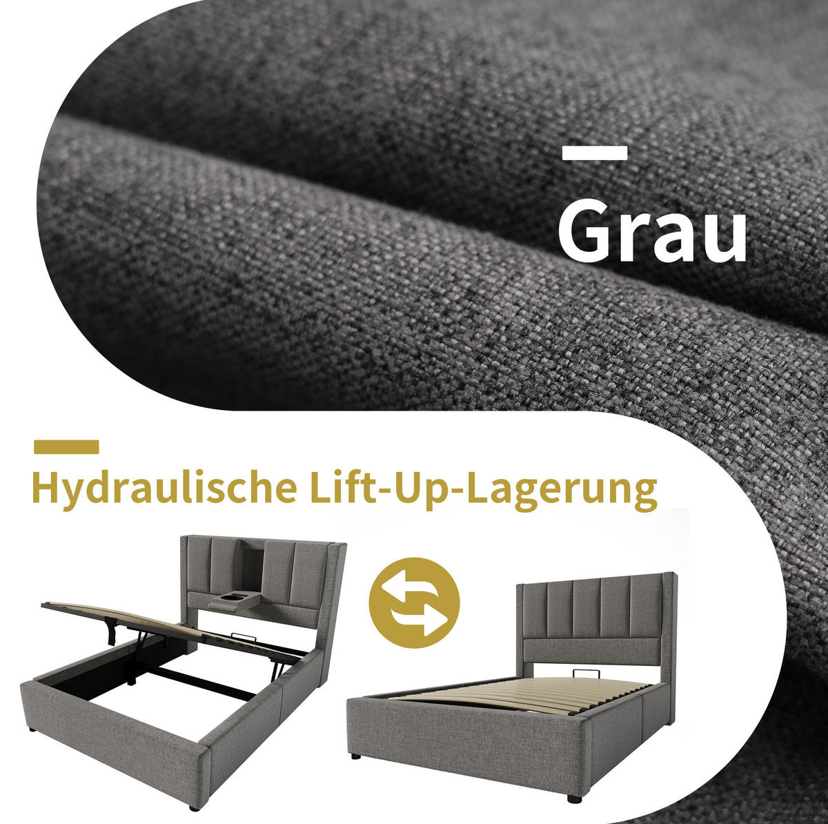 POLSTERBETT 90/200 cm Grau aus Leinen mit Stauraum und USB- und Type-C-Anschlüssen - Grau, Textil (90/200cm) - Flora Grace
