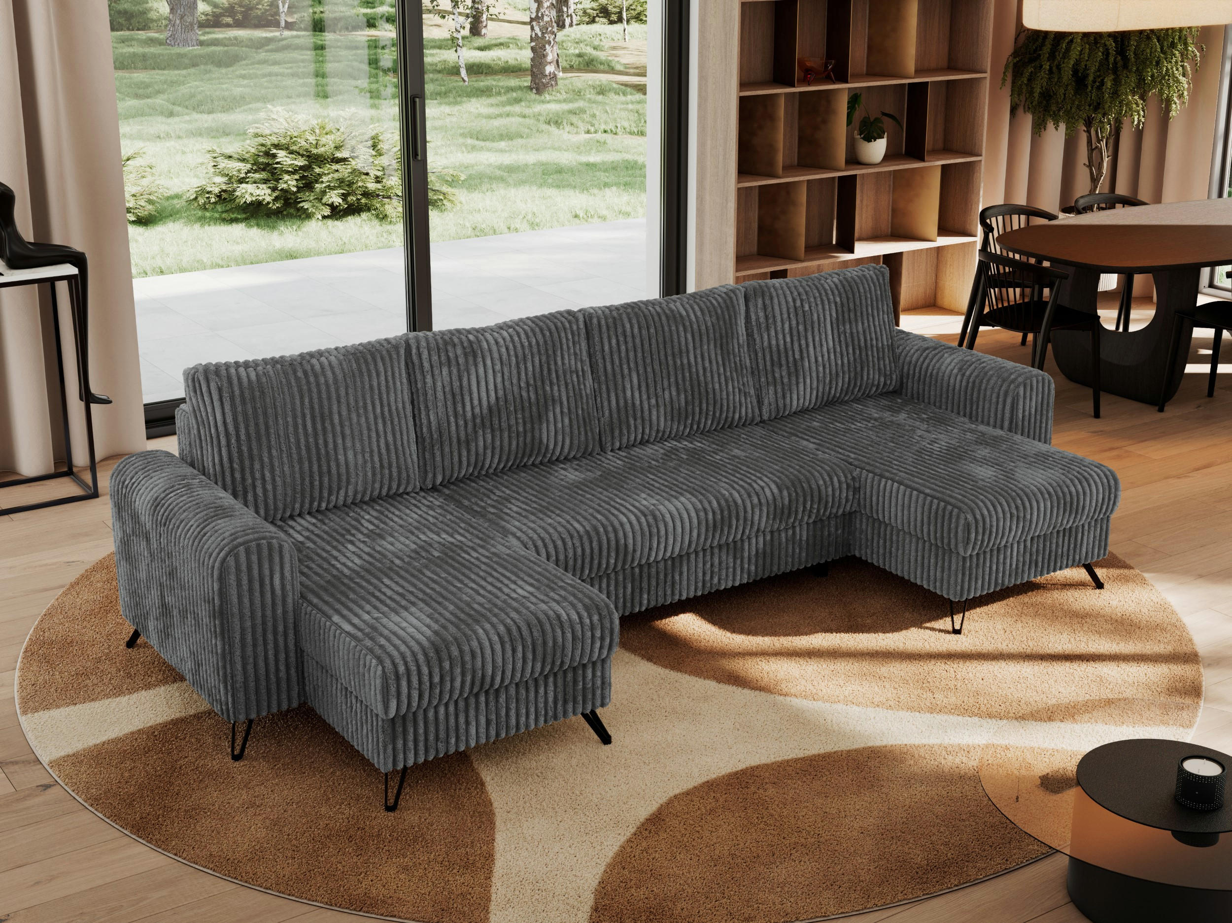 WOHNLANDSCHAFT AXEL U Cord Dunkelgrau - Schwarz/Grau, Textil/Metall (312/90/140cm) - MKS