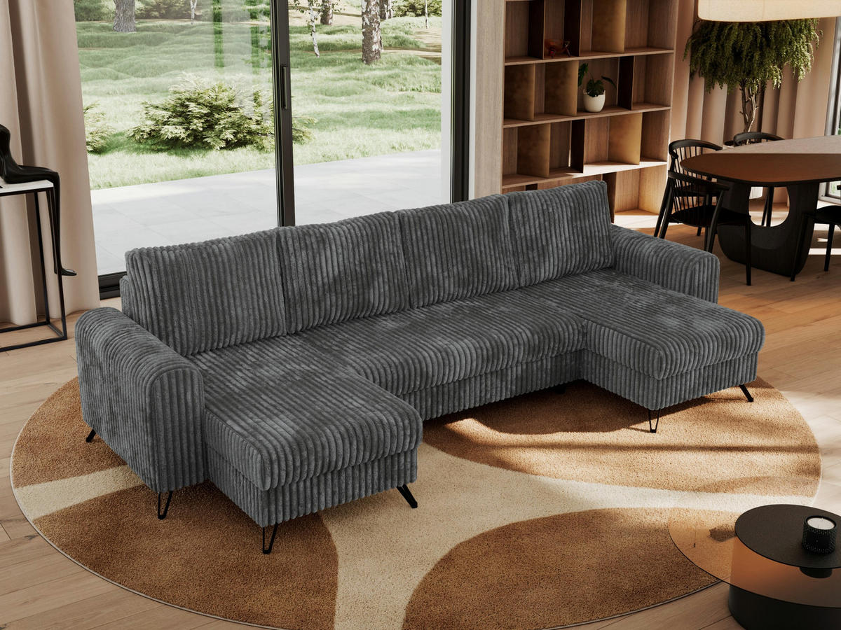 WOHNLANDSCHAFT AXEL U Cord Dunkelgrau - Schwarz/Grau, Textil/Metall (312/90/140cm) - MKS