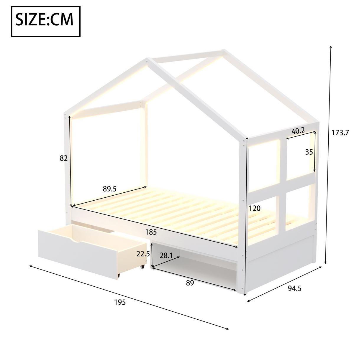 MULTIFUNKTIONSBETT Hausbett 90/190 cm, Weiß mit Schubladen, Schuhschrank und LED - Weiß, Holz (90/190cm) - MIVRAY