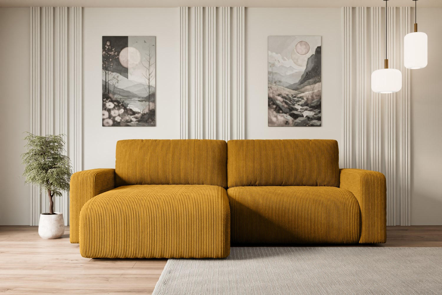 ECKSOFA mit Schlaffunktion und Bettkasten KLEEA-L - 247x143x83 cm Senfgelb Cord - Gelb/Schwarz, Holzwerkstoff/Kunststoff (247/143cm) - ALTDECOR