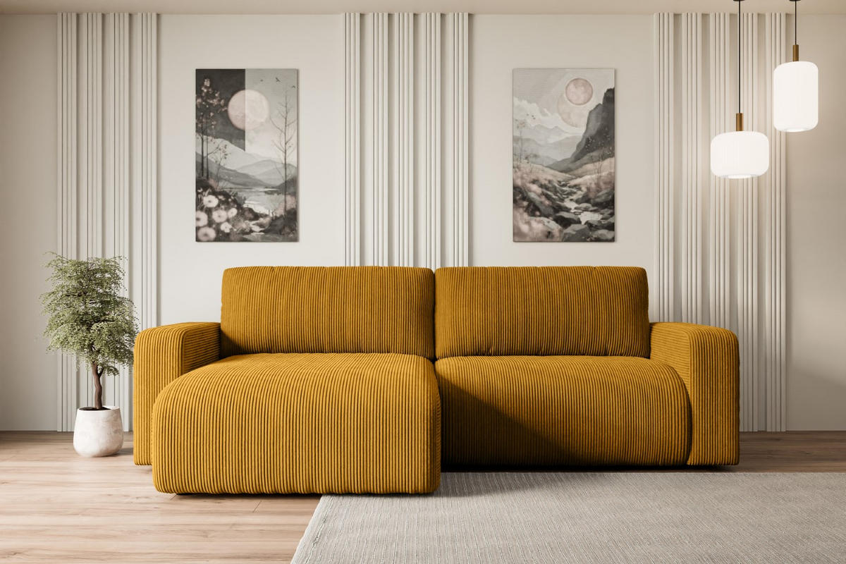 ECKSOFA mit Schlaffunktion und Bettkasten KLEEA-L - 247x143x83 cm Senfgelb Cord - Gelb/Schwarz, Holzwerkstoff/Kunststoff (247/143cm) - ALTDECOR
