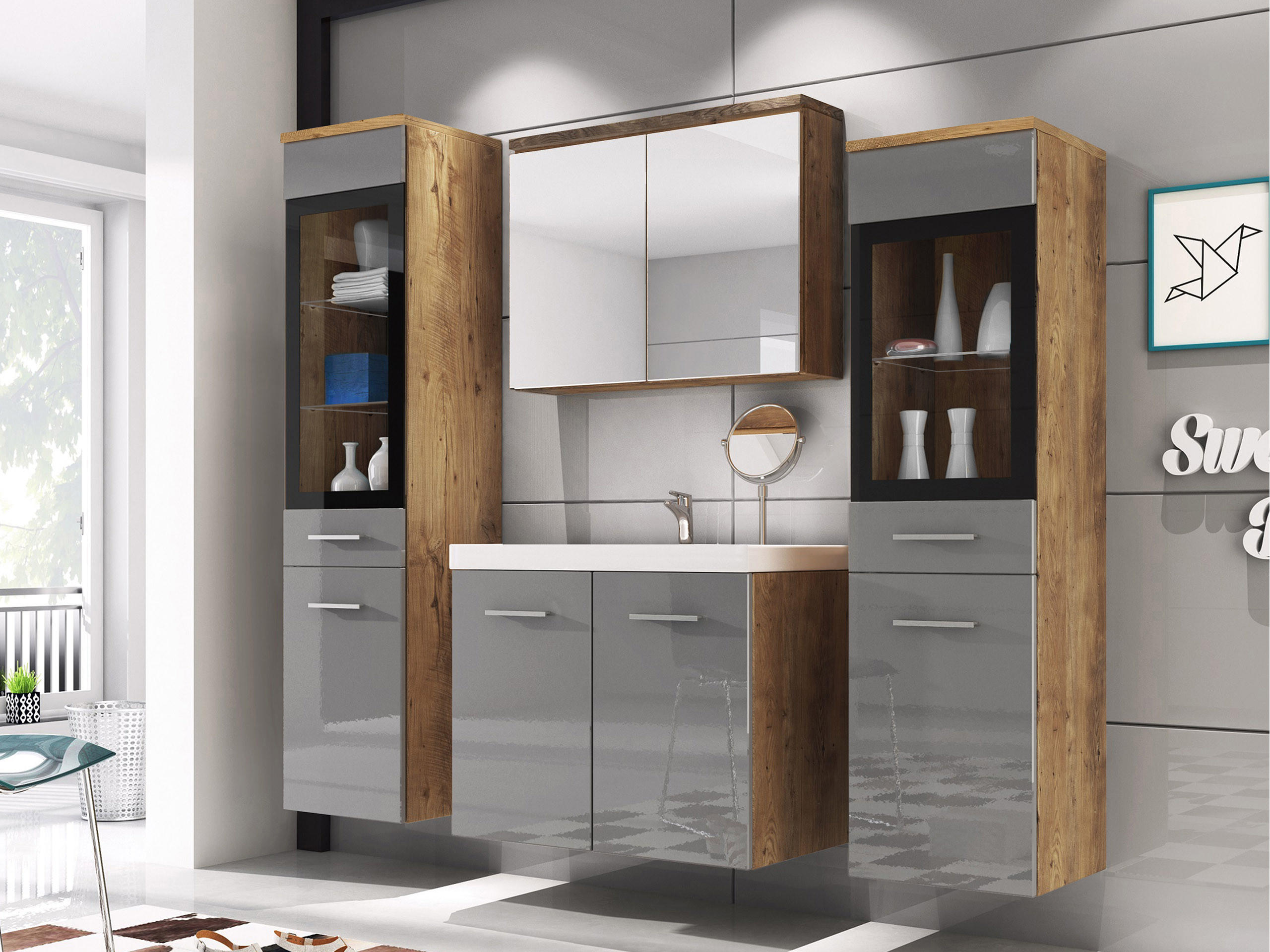 BADMÖBEL-SET Madrit II - Graubraun/Silberfarben, Holzwerkstoff/Kunststoff (132/132/30cm) - MIRJAN24