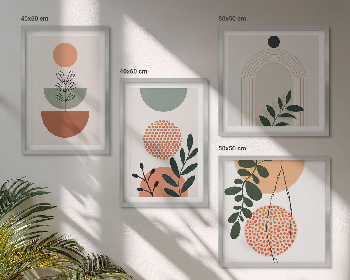 BILDER SET 4er Set - 50x50 cm & 40x60 cm Silberner Rahmen - Moderne Pflanzenmotive - Silberfarben, Kunststoff (50/50cm) - TULUP