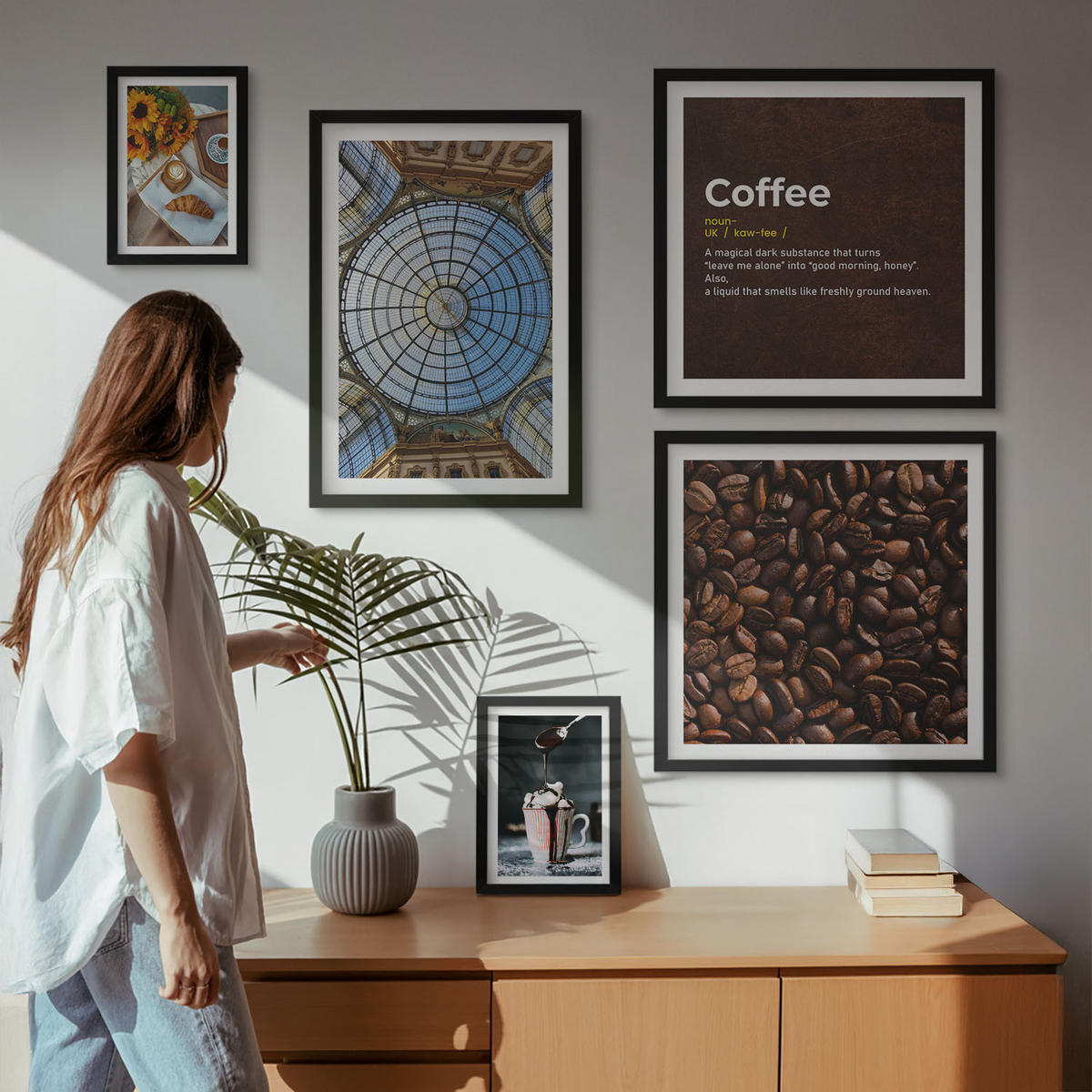 WANDBILDER 5er-Set - 50x50 cm & 20x30 cm & 40x60 cm Schwarzer Rahmen - Italienische Frühstückskaffeebohnen - Schwarz, Kunststoff (40/60cm) - ArtPrintCave
