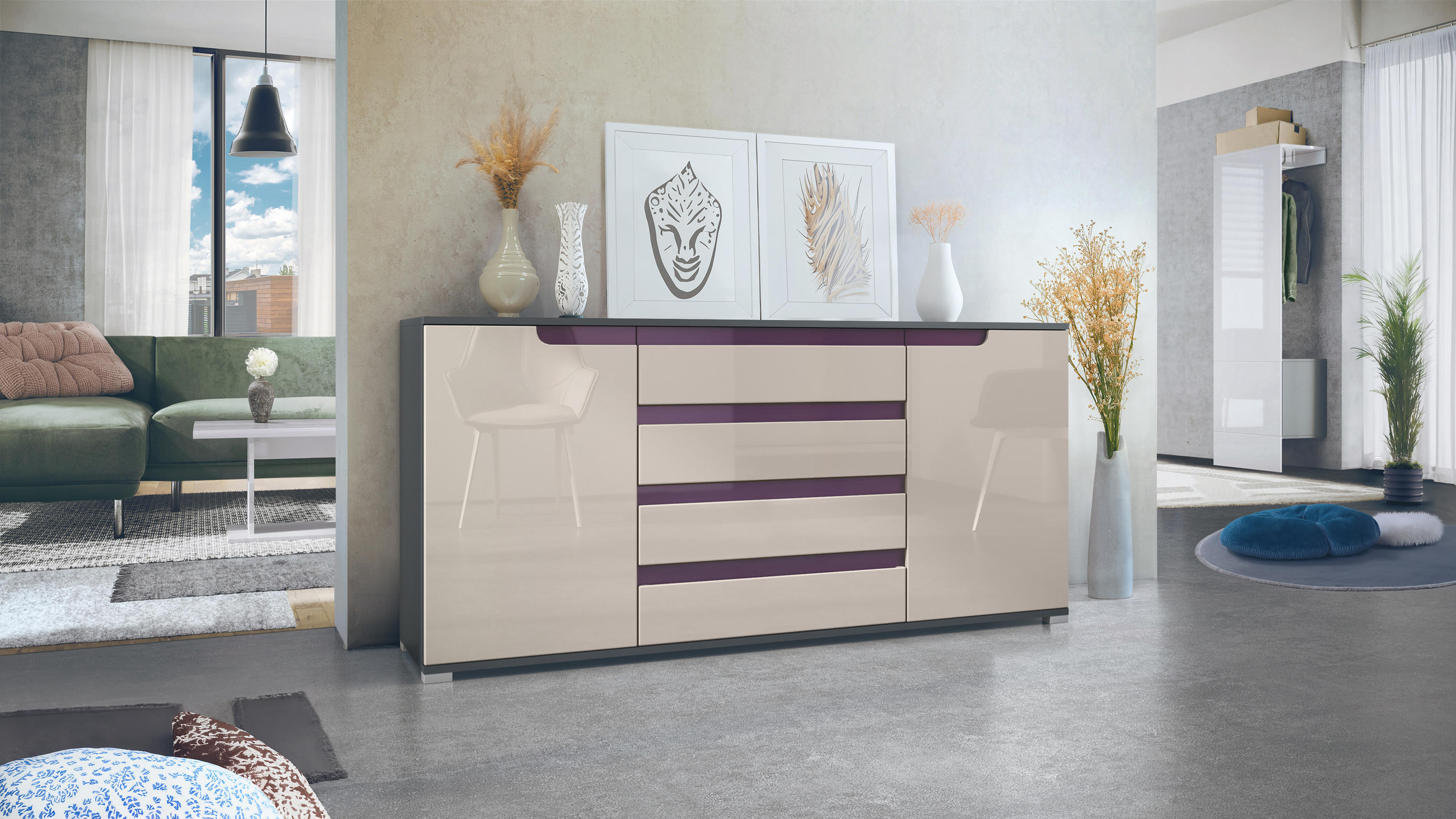 SIDEBOARD Sylt Sandgrau Hochglanz / Brombeer Hochglanz - Sandfarben, Holzwerkstoff (166.5/75.5/35cm) - Vladon