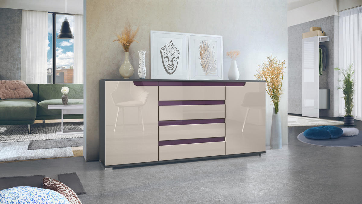 SIDEBOARD Sylt Sandgrau Hochglanz / Brombeer Hochglanz - Sandfarben, Holzwerkstoff (166.5/75.5/35cm) - Vladon