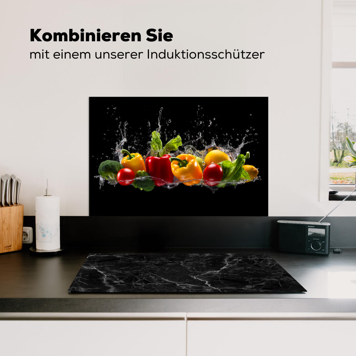 SPRITZSCHUTZ KÜCHE Paprika - Wasser - Gemüse - Schwarz 60x40 cm - Multicolor, Metall (60/0.3/40cm) - MuchoWow