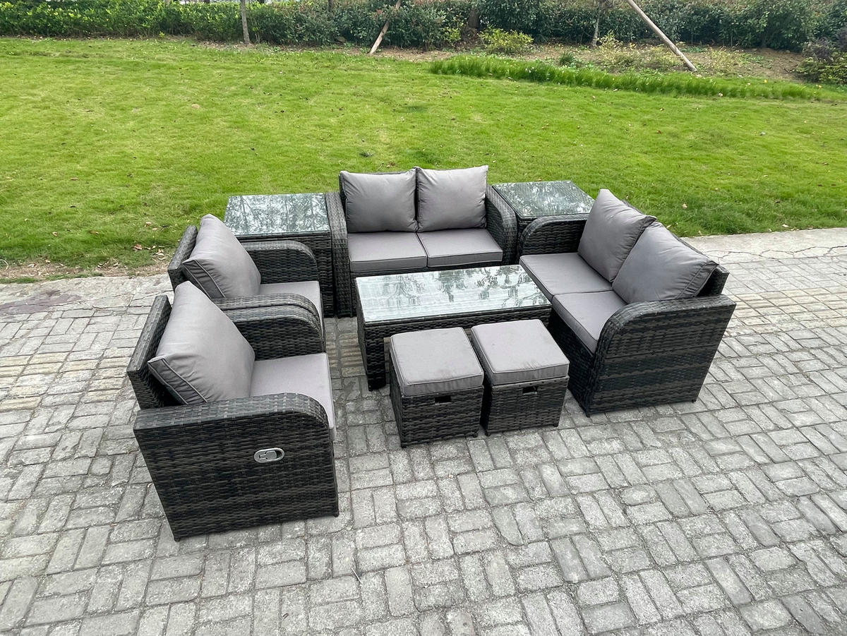 GARTENSOFA SET mit LIEGESTUHL Polyrattan 8-Sitzer Dunkelgrau - Dunkelgrau/Grau, Glas/Kunststoff - Fimous