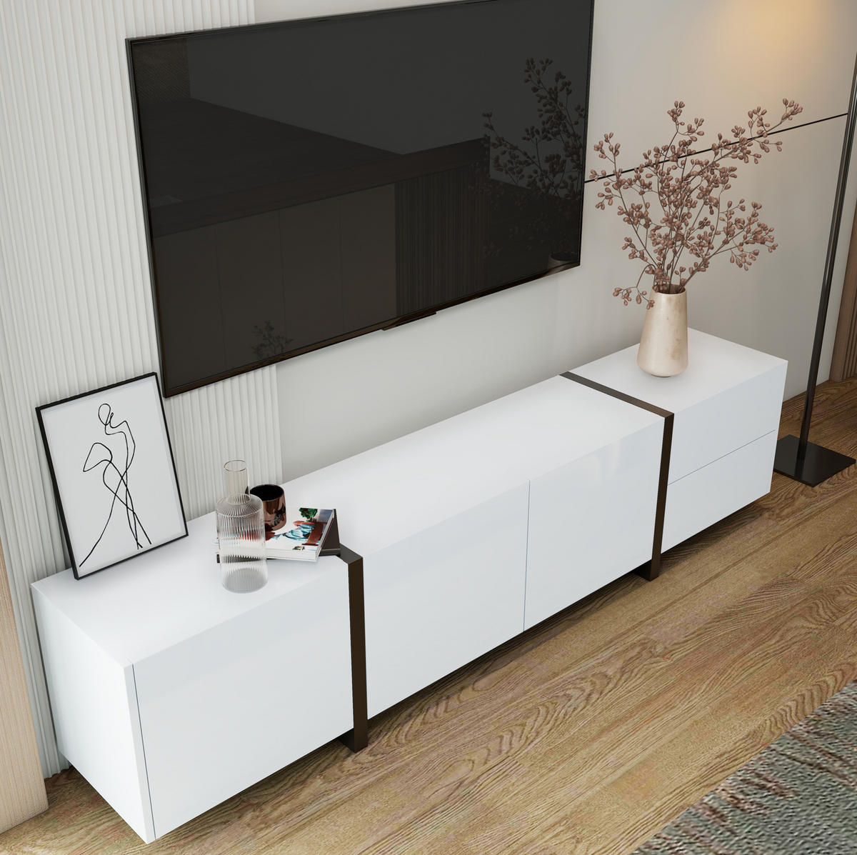 TV ormarić 170/30/39 cm bijelo-crni od iverala s visokim sjajem i prostorom za odlaganje - bijela, drvni materijal (170/39/30cm) - OKWISH