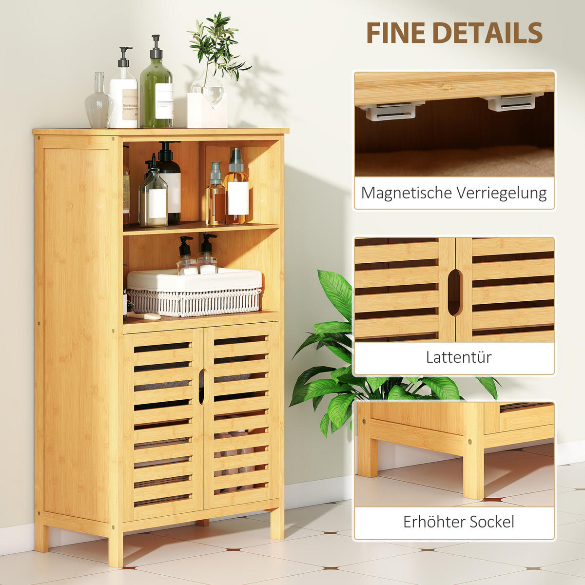 BADEZIMMERSCHRANK, Unterschrank aus Bambus, Badschrank mit Türen, Naturholz - Naturfarben, Holz (29/92/50cm) - Kleankin