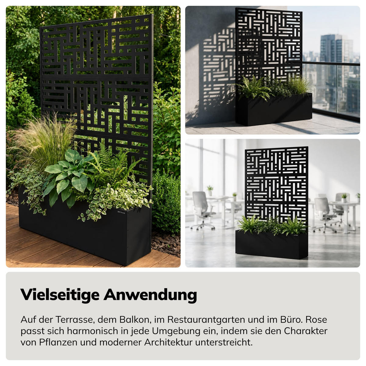 SICHTSCHUTZ mit Blumenkasten ROSE 180x120x30 cm - Schwarz, Metall (120/180/30cm) - Jan Nowak