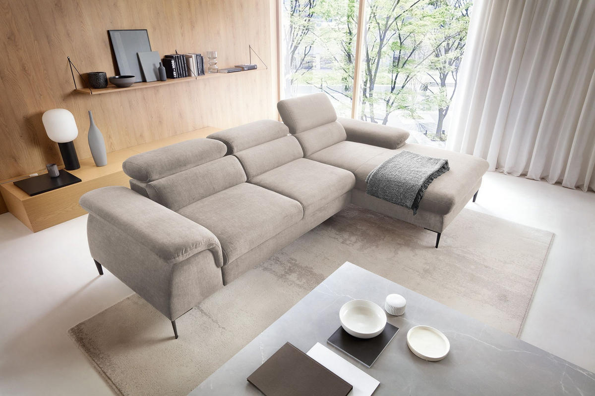 ECKSOFA MESTO Beige Velours-Stoff mit Schlaffunktion - Beige, Holz (288/182cm) - MASSENO