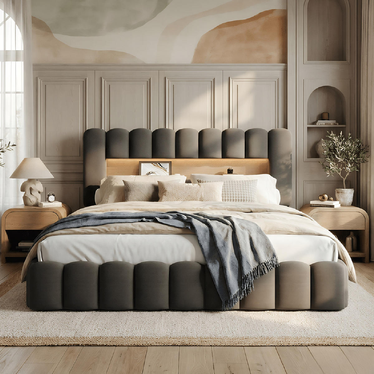 POLSTERBETT Modern 180/200 cm mit Bettkasten LED & USB Leinenoptik Grau - Grau, Textil (180/200cm) - Creahappy