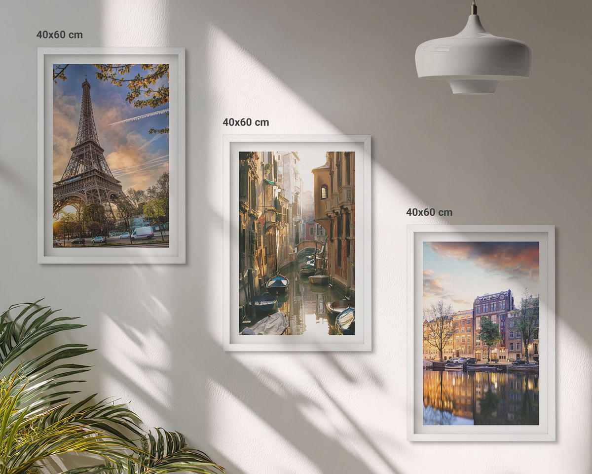 WANDBILDER 3er-Set - 40x60 cm Weißer Rahmen - Eiffelturm Venedig Amsterdamer Kanäle - Weiß, Kunststoff (40/60cm) - ArtPrintCave