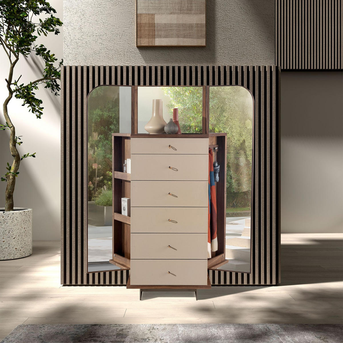 HIGHBOARD Chifonier Leder, Nussbaum und polierter Stahl mit Spiegel 65/42/168 cm - Silberfarben/Walnussfarben, Leder/Holz (65/168/42cm) - ANGEL CERDA