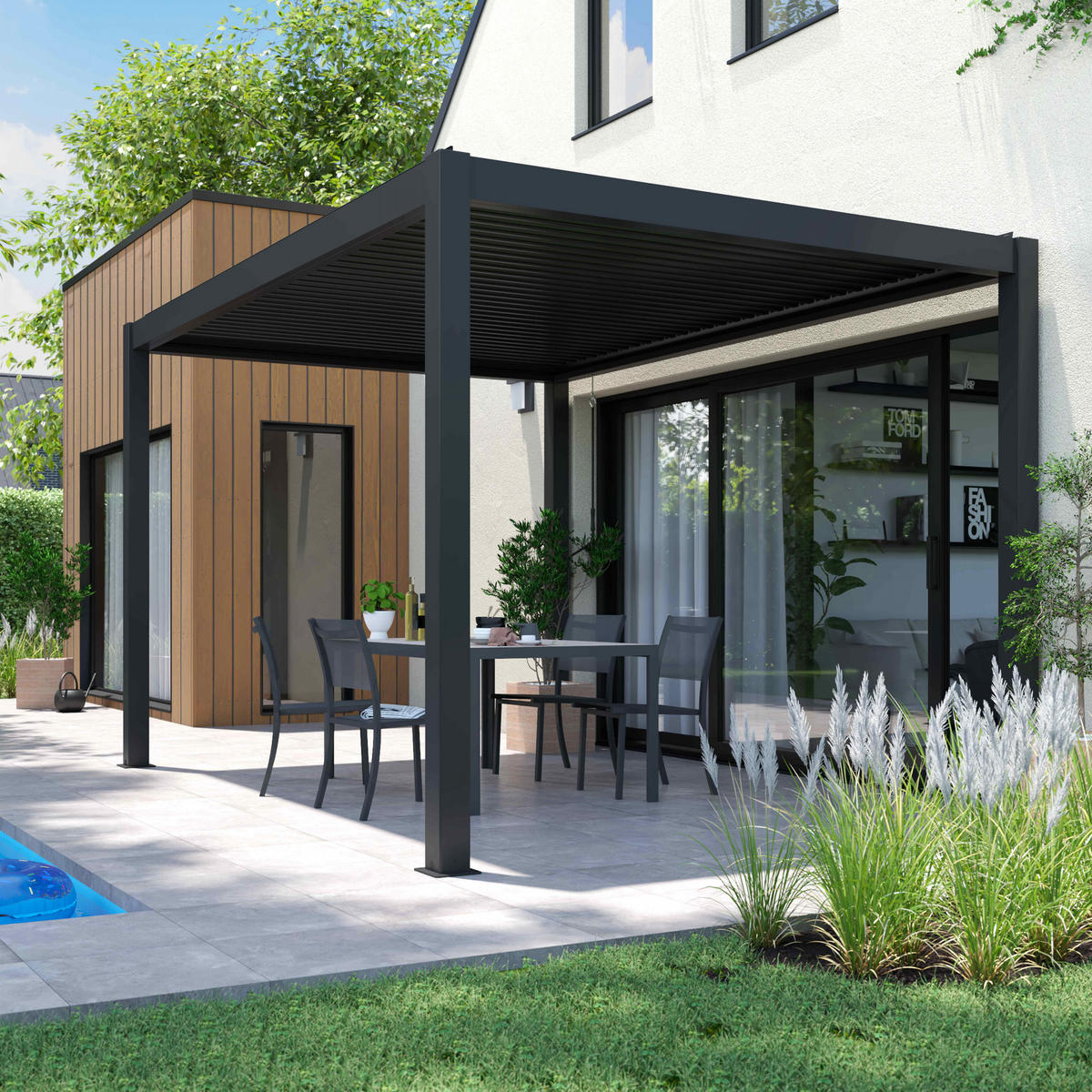 PERGOLA 3x4 m, mit 1 Markise, Grau - Grau, Metall (296/257/403cm) - Oviala