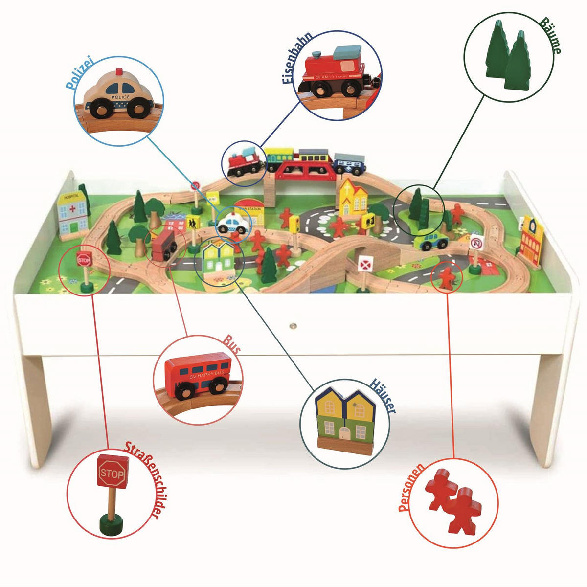 SPIELTISCH mit Holzeisenbahn 90-tlg. - Weiß, Holz (57/98cm) - Coemo